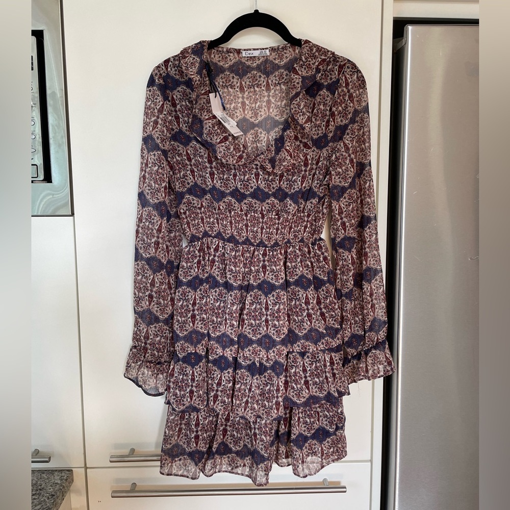 DEX | Paisley-Print Twist-Neck Ruffled Dress